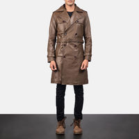 Herren Leder-Trenchcoat Doppelreihiger Langer Mantel mit Gürtel Anpassbare Farbe Knopfdekoration Rindsleder Atmungsaktiv & Warm