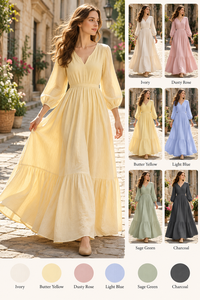 Vestido Maxi Casual Sencillo de Algodón y Lino al por Mayor con Cuello en V, Manga Abullonada, Cintura Natural, Dobladillo Escalonado y Caída Fluida para Todas las Estaciones - Product Image 5