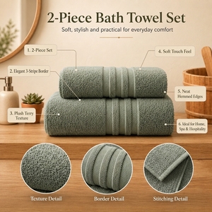 <b>Bath</b> <b>Towel</b> <b>Set</b> Soft Absorbent Zero Twist Cotton <b>Towels</b> Sage White Three Stripe Design for Home Hotel Spas Bathroom Gift Uses - Product Image 3