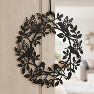 Charming Black Silhouette Wreath Featuring Detailed Songbirds And Leaves, Elegant Nature Inspired <b>Hanging</b> <b>Wall</b> <b>Decor</b> Art - Product Image 4