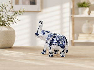 Figurine d'éléphant en métal émaillé en poterie bleue faite à la main avec motif floral, statue traditionnelle indienne pour table - Product Image 1