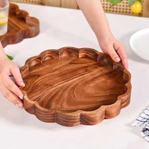 Plateaux de service en bois d'acacia véritable pour la décoration de la maison, plateau décoratif en bois artisanal, design rustique rond, emballage en une seule pièce - Product Image 4