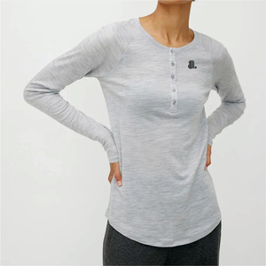 <b>Women's</b> Solid Color O-Neck Long Sleeve <b>Henley</b> T-<b>Shirt</b> Buttons Regular Fit Casual Nonwoven Top 100% Cotton Plain Dyed Logo - Product Image 1