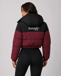 Women’s Maroon Black <b>Cropped</b> <b>Puffer</b> <b>Jacket</b> Custom Logo Hooded Winter Quilted Bomber <b>Jacket</b> OEM/ODM Wholesale Manufacturer - Product Image 2