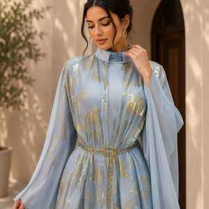 Abaya Modeste Islamique pour Femmes Adultes Bleu Ciel Imprimé Doré Col Montant Longueur Ras du Sol Manches Longues Ceinture à la Taille Polyester Texturé - Product Image 5