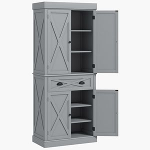 Armoire de cuisine moderne en métal et bois à 4 portes et 2 étagères avec grand tiroir central - Gris - Product Image 1