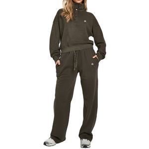 Conjunto Deportivo de Mujer en Felpa de Algodón Teñido, Sudadera con Cuello Alto y Botones, Pantalones Jogger de Pierna Recta, Suministro OEM, Logotipo Personalizado - Product Image 1