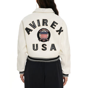 Avirex Women's 100%High Quality Custom Dyed Breathable Leather Varsity <b>Jacket</b> Crew Neck Customized Color Windproof Eco-Friendly - Product Image 3