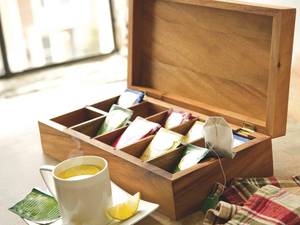 Boîte de rangement en bois détachable pour sachets de thé avec 4x8 compartiments, style campagnard, présentoir de rangement pour sachets de thé, coffre naturel - Product Image 2