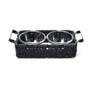 Nuevo Diseño: Bandeja Doble para Comida de Cuerda Tejida Negra con Cuencos Metálicos, Apta para Lavavajillas, Diseño Minimalista para Uso Doméstico - Product Image 1