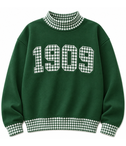 Sweat-shirt vert à col roulé pour femme avec appliqué à carreaux 1909 sur le devant, manches classiques, pour l'automne - Product Image 1