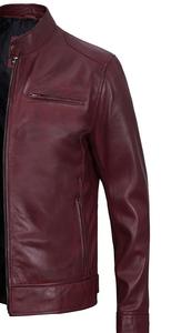 Veste en cuir pour homme, style motard, col montant, fermeture éclair, coupe ajustée, pour l'automne - Product Image 3