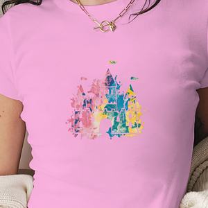 Camiseta corta de moda para mujer con diseño de Castillo colorido de salpicaduras de pintura - Product Image 3