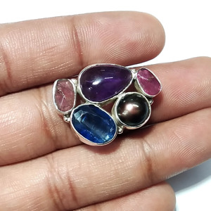 Bague de fiançailles et de mariage en argent sterling 925 fait main avec kyanite naturelle, améthyste, perle noire et tourmaline rose, multi-pierres, style statement - Product Image 4