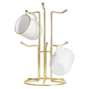 Support de tasses en fer doré, type arbre, avec 6 crochets, en métal, organisateur de tasses à café, autoportant, gain de place, pour rangement et présentation de tasses à thé - Product Image 2