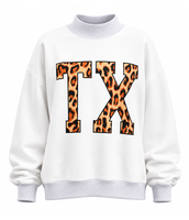 Sweat-shirt à col montant en polaire pour femme TX, broderie personnalisée, motif léopard, manches longues, mélange polyester-coton, coupe ample, pull décontracté