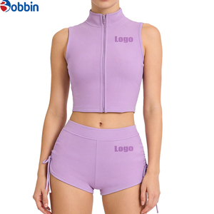 Conjunto de 2 Piezas de Chaqueta Corta y Pantalones Cortos Deportivos Casuales de Moda Hip Hop, Ajustados, de Spandex/Poliéster, con Cierre, para Mujer, Verano - Product Image 2