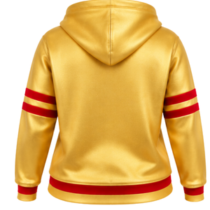 Sudadera con Capucha PDK 1923 para Mujer, Color Amarillo Dorado y Rojo, con Rayas Universitarias, Letras en Bloque, Manga Larga - Product Image 4