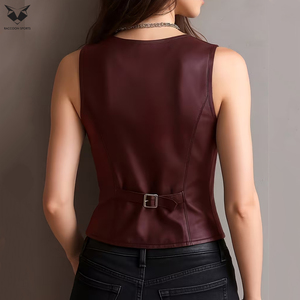 Vintage Style Burgundy Color Good Supplier Women PU Leather Corset Vest <b>Top</b> Sexy Clubwear Slim Fit <b>Front</b> <b>Zip</b> Fashion Tank <b>Top</b> - Product Image 3