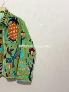 Green Hand Embroidered Floral Jacket Mandarin Collar Full Sleeve Cotton Women's Boho Chic Spring <b>Coat</b> - Product Image 3