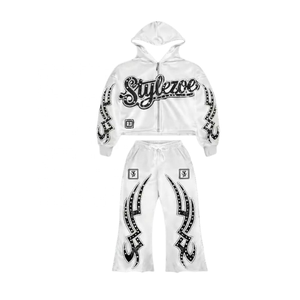 Custom Plus Size Mens Trending Flame Print Tracksuit Hooded Sweatshirt With Drawstring Pants Unisex Street Wear Spring OEM ODM - Product Image 2