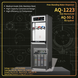 Dispensador de Agua Independiente AQUATEK AQ-1223 con Sistema de Ósmosis Inversa, Agua Fría, Caliente y Templada, Comercial, Acero Inoxidable, 110V 220V - Product Image 1