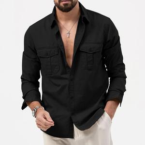 Chemise en twill 100% coton noir pour homme, de haute qualité, décontractée, à manches longues, coupe ajustée élégante avec poches avant, style tendance - Product Image 2