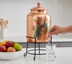 Fontaine à eau en cuivre avec design paon, distributeur artisanal et ensemble de tasses assorties pour la maison et la cuisine - Product Image 6