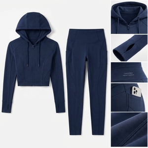 Conjunto de yoga para mujer, color azul marino, con sudadera con cremallera, top corto de manga larga, leggings de cintura alta, ropa deportiva para gimnasio, fitness y entrenamiento, conjunto de dos piezas. - Product Image 4