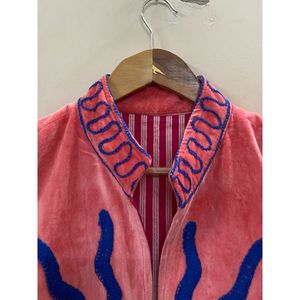 Hand Embroidered Velvet Knitted Cotton <b>Jacket</b> <b>Women</b> Mandarin Collar Full Sleeve Floral Pattern Open Front Prairie Winter/<b>Spring</b> - Product Image 2