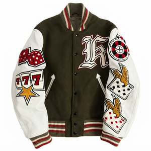 Chaqueta Varsity Blanca para Hombre con Bordado de Dados 777 y Parches de Cartas, Estilo Preppy, Ropa de Otoño - Product Image 5