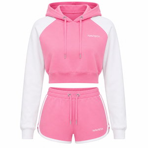 Women's Streetwear 2-Piece Above Knee Tracksuit Set with Zipper Long Sleeve Crop <b>Top</b> & Shorts 100% Cotton Fleece - Product Image 2