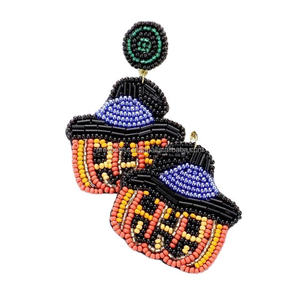 Pendientes de cuentas de calabaza de Halloween, sombrero de bruja hecho a mano, joyería colgante para mujer, pendientes llamativos de fiesta de otoño - Product Image 1