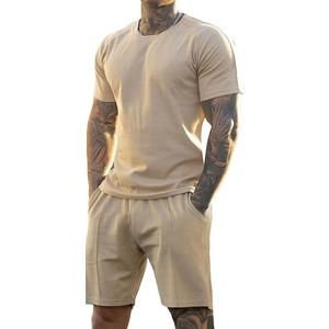 Men Summer 2 Piece Breathable 100% Cotton Casual Shorts <b>Sets</b> Slim Fit Distressed Embroidery - Product Image 1