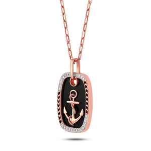 Collier chaîne avec pendentif ancre en or rose et émail noir, orné de diamants pour chien - Product Image 2
