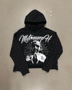 เสื้อฮู้ดดี้กราฟิกประดับเพชรแบบกำหนดเอง สตรีทแวร์ทรงโอเวอร์ไซส์ สีดำ ผู้ผลิตเสื้อฮู้ดดี้ รับผลิตแบบ OEM แบรนด์ส่วนตัว - Product Image 1