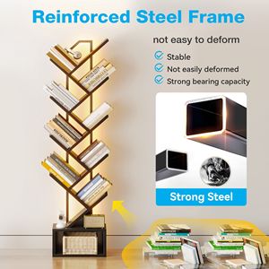 Étagère à livres en forme d'arbre à 8 niveaux avec lumières LED, étagère de rangement rustique en MDF sur pied pour la maison ou le bureau - Product Image 5