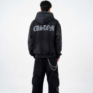 SHH INDUSTRIES Custom Graphic Hoodie Men Rhinestone Skull Print Full Zip Black Streetwear Oversized Hooded Sweatshirt Wholesale - Product Image 4