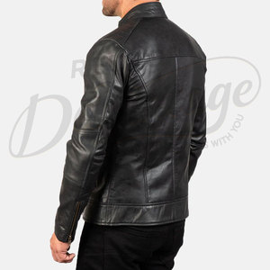 Men's Premium Black Real Leather Racer <b>Jacket</b> - Slim Fit Genuine <b>Sheepskin</b> Biker Coat with Snap Tab Collar and Zip Pockets - Product Image 6