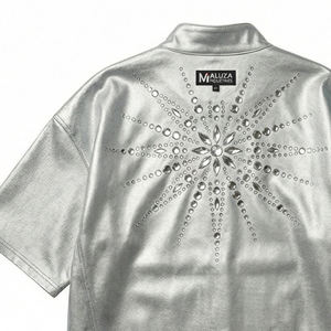 เสื้อยืดผู้ชายสีเงินเมทัลลิกประดับเพชรเทียมทรงโอเวอร์ไซส์ สไตล์สตรีทแวร์สุดหรู ประดับคริสตัล แฟชั่นเสื้อยืด - Product Image 3