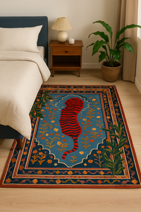 Alfombra de Lana Minimalista de Lujo para Interiores Modernos, Diseño Sólido Naranja con Borde Azul Cheetah, Hecha a Mano, Reversible, Antideslizante - Product Image 3