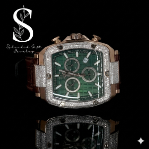Reloj de lujo para hombre con cronógrafo, esfera verde, diamantes incrustados y detalles en oro rosa, para la moda masculina. - Product Image 1