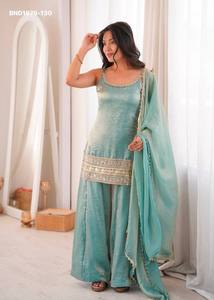 Designer Fancy Silk with Embroidery Cording-Real <b>Mirror</b> work Sleeveless Short-Suit-Flared Plazzo-Dupatta Wholesale Supply - Product Image 2