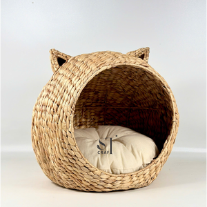 เตียงแมวทรงถ้ำทำจากผักตบชวาคุณภาพสูง ทอมือ แข็งแรง ทนทาน เป็นมิตรกับสิ่งแวดล้อม พร้อมเบาะรองนอนถอดซักได้ ผลิตโดยช่างฝีมือชาวเวียดนาม - Product Image 6