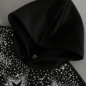Sudadera con Capucha Negra con Pedrería y Estampado de Estrellas, Corte Holgado, Unisex, Informal, de Punto, de Poliéster, para Otoño - Product Image 4