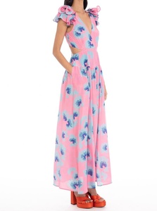 Robe longue d'été rose en mousseline de coton à motif floral, col en V profond, sans manches, taille naturelle, coupe droite, avec poches - Product Image 3
