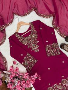Ensemble de vêtements traditionnels indiens et pakistanais pour femmes, couleur marron, brodé, longueur cheville, avec travail au fil d'or - Product Image 6