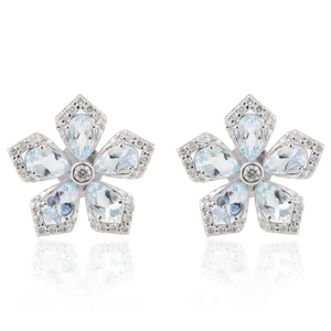 18K Gold Plated Aquamarine Flower Stud <b>Earrings</b> with Diamond Pearl & Zircon Accents - Product Image 2