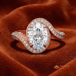 แหวนหมั้นทรงวงรีประดับมอยส์ซาไนต์ 14K โรสโกลด์ ของขวัญเครื่องประดับเจ้าสาวสุดหรูสำหรับผู้หญิง เทรนด์อเมริกา - Product Image 1