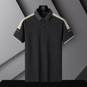 เสื้อโปโลแขนสั้นผู้ชาย สีพื้น ผ้าถัก แห้งเร็ว ดีไซน์ลำลอง ติดกระดุมด้านหน้า แขนซ้ายสีตัดต่อ โลโก้ - Product Image 2